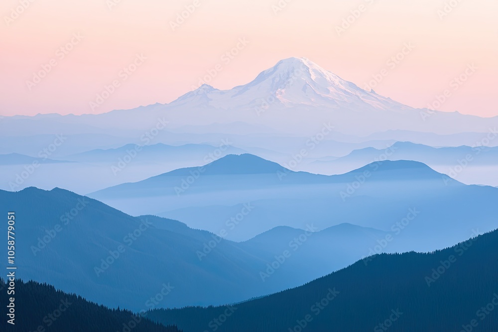 View of the mountain range with snow on top, soft pink sky. View of the mountain range with snow on top, soft pink sky.