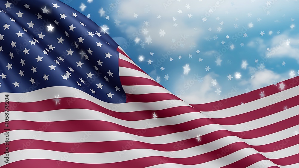 Obraz premium Waving American Flag with Stars Against a Blue Sky