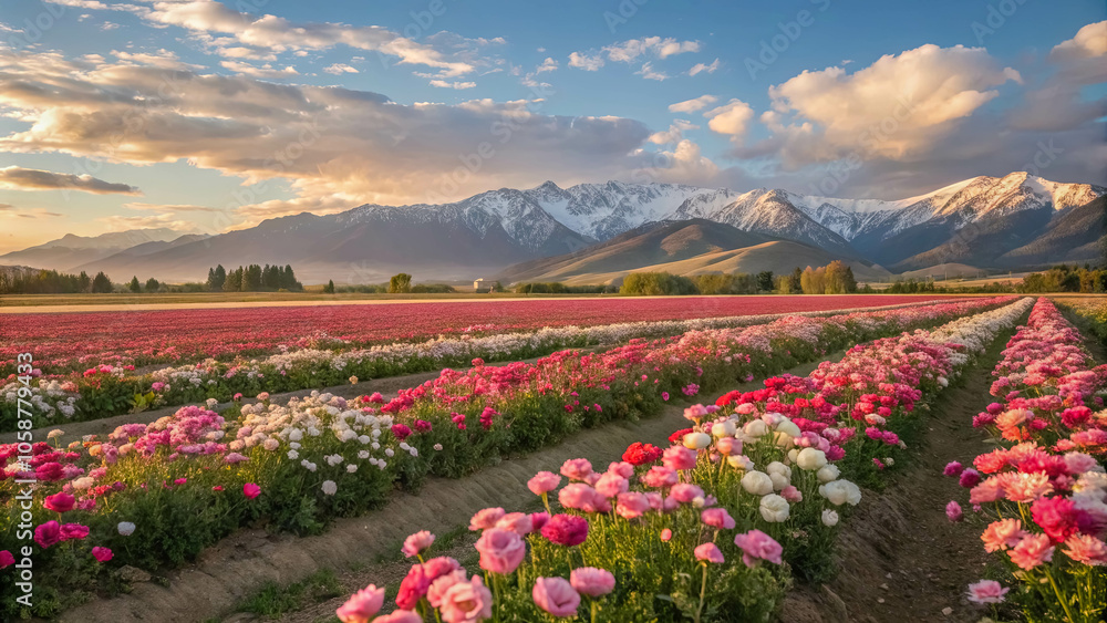 A vast field of vibrant pink and white flowers stretches towards a backdrop of snow-capped mountain peaks, bathed in the soft glow of a setting sun. A vast field of vibrant pink and white flowers stretches towards a backdrop of snow-capped mountain peaks, bathed in the soft glow of a setting sun.