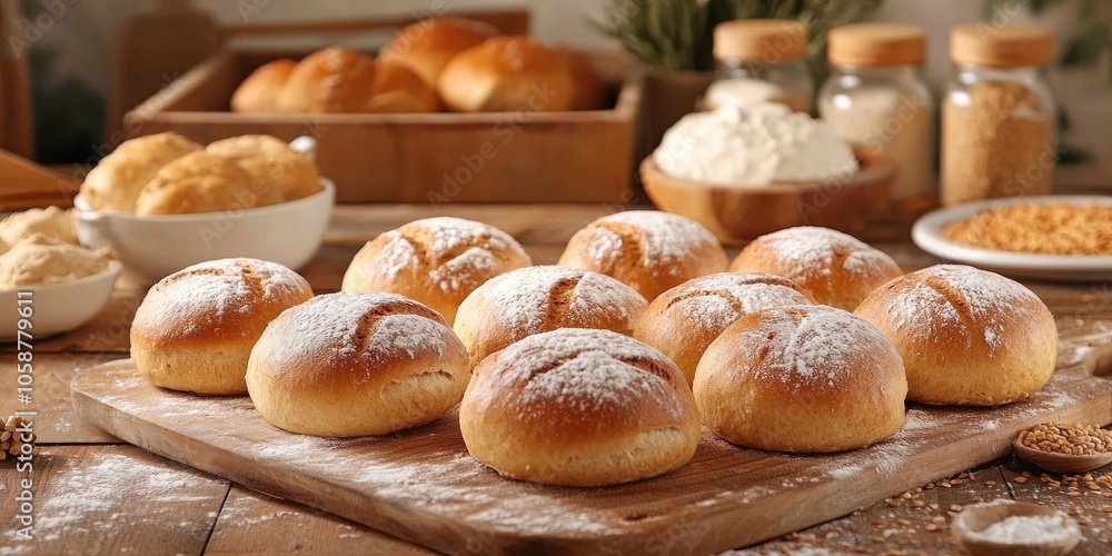 A selection of freshly baked whole wheat buns arranged on a wooden kitchen table surrounded by various baking ingredients. A selection of freshly baked whole wheat buns arranged on a wooden kitchen table surrounded by various baking ingredients.