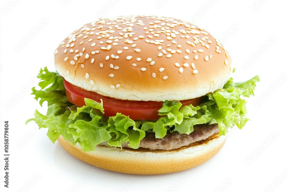 A sumptuous sesame-seed topped burger brimming with fresh lettuce and juicy tomato, inviting you to a flavorful culinary delight. A sumptuous sesame-seed topped burger brimming with fresh lettuce and juicy tomato, inviting you to a flavorful culinary delight.