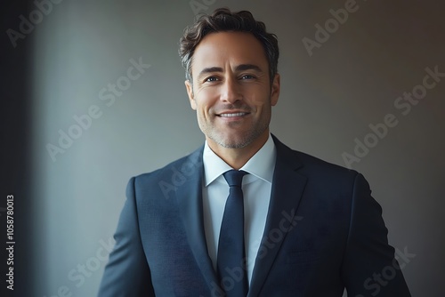 Happy Mature Businessman in Sharp Navy Blue Suit Headshot