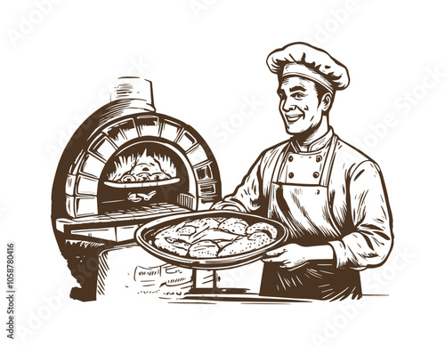 Baker holding baking pan into wood oven. Vector illustration in retro style