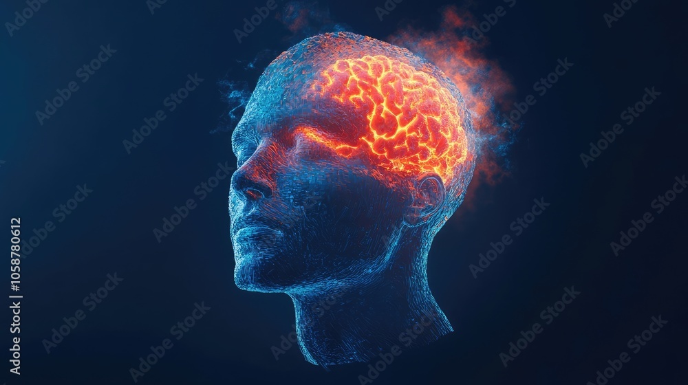 Human Head with Transparent Skin Showing Brain Pain Area, Medical Concept Illustration with Glowing Light Effects Human Head with Transparent Skin Showing Brain Pain Area, Medical Concept Illustration with Glowing Light Effects
