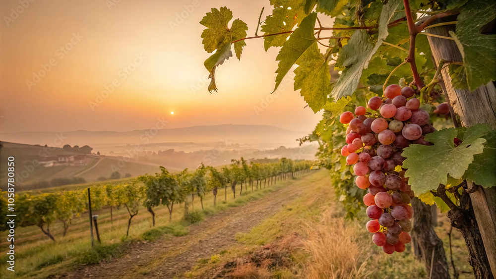 Naklejka premium A vineyard's harvest bathed in the golden glow of a sunrise, a single cluster of grapes hanging heavy with ripeness, promising the sweet reward of labor