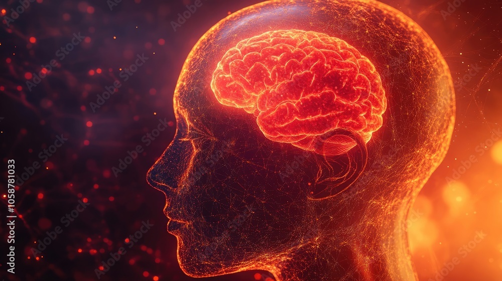 Human Head with Transparent Skin Showing Brain Pain Area, Medical Concept Illustration with Glowing Light Effects Human Head with Transparent Skin Showing Brain Pain Area, Medical Concept Illustration with Glowing Light Effects