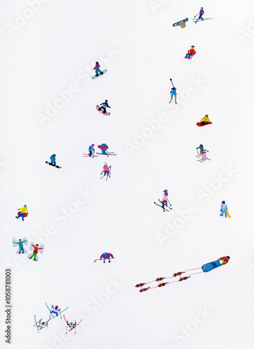 Liebevoll handgemalte Wintersport Skifahrer Schlitten Schneespass Miniatur Figuren für kreative Dekoration und Karten photo