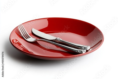 A Captivating Display of Culinary Elegance on a Vibrant Red Plate with Shiny Cutlery Awaiting a Delicious Meal to Be Served photo