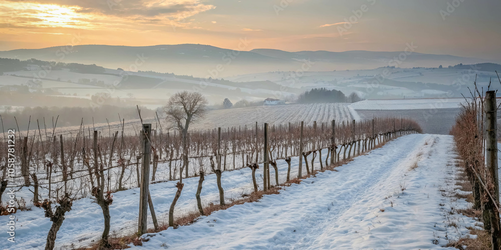 Fototapeta premium A winding snow-covered path leads through a vineyard, with a distant farmhouse nestled in the rolling hills, bathed in the soft glow of a fading sunset.