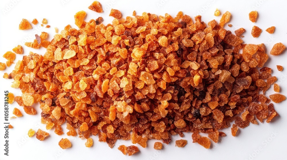 heap of coconut palm sugar displayed from a top-down view, emphasizing the texture and rich color of the sugar against a clean white background, accentuating its natural appeal heap of coconut palm sugar displayed from a top-down view, emphasizing the texture and rich color of the sugar against a clean white background, accentuating its natural appeal