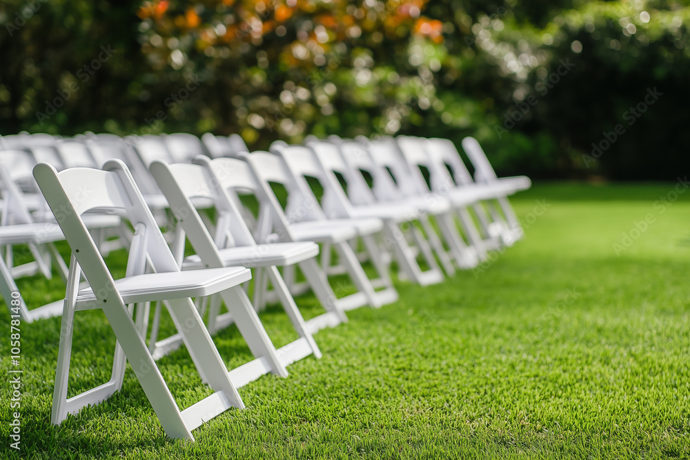 Row of white folding chairs on outdoor garden grass Row of white folding chairs on outdoor garden grass