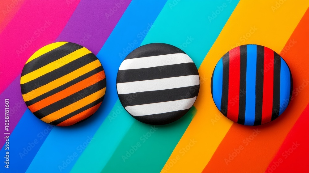 Three colorful buttons with stripes and dots are arranged in a row. The buttons are of different colors and sizes, and they are placed on a colorful background. Concept of creativity and playfulness Three colorful buttons with stripes and dots are arranged in a row. The buttons are of different colors and sizes, and they are placed on a colorful background. Concept of creativity and playfulness