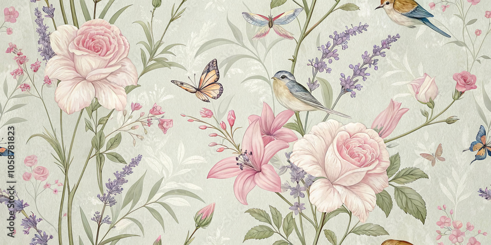 custom made wallpaper toronto digitalA delicate symphony of blooming flowers, fluttering butterflies, and perched birds creates a vibrant tapestry of nature's beauty.