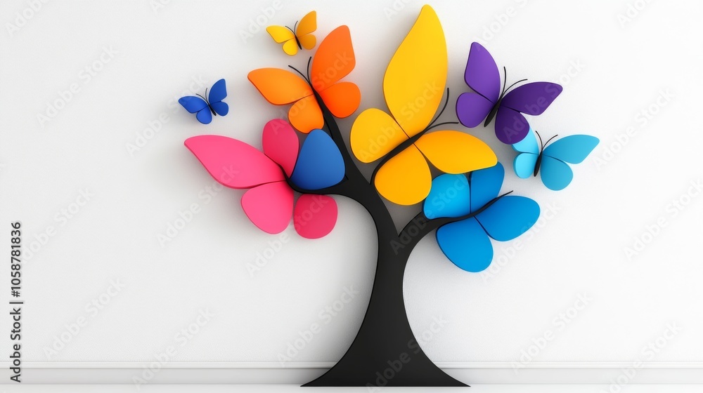 Colorful tree with butterflies on it. butterflies are in different colors and are scattered all over the tree. The tree is the main focus of the image, and the butterflies are the secondary elements Colorful tree with butterflies on it. butterflies are in different colors and are scattered all over the tree. The tree is the main focus of the image, and the butterflies are the secondary elements