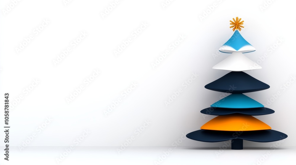 Christmas tree with a blue top and orange and blue branches. The tree is tall and has a snowflake on top. The background is white and the tree is the main focus of the image Christmas tree with a blue top and orange and blue branches. The tree is tall and has a snowflake on top. The background is white and the tree is the main focus of the image