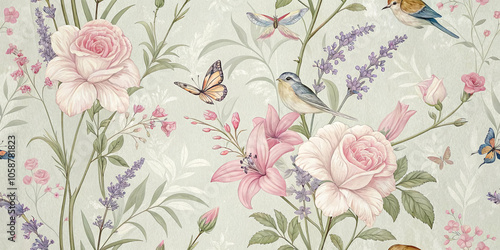 Wallpaper Mural A delicate symphony of blooming flowers, fluttering butterflies, and perched birds creates a vibrant tapestry of nature's beauty. Torontodigital.ca