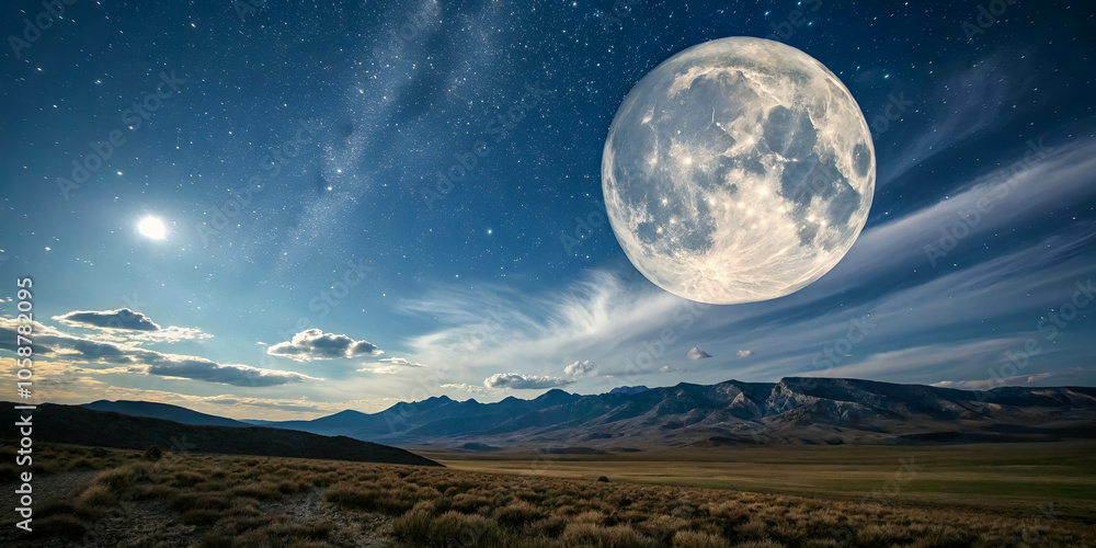 A Vast, Starry Night Sky Above a Serene Mountain Range with a Large, Illuminated Moon A Vast, Starry Night Sky Above a Serene Mountain Range with a Large, Illuminated Moon