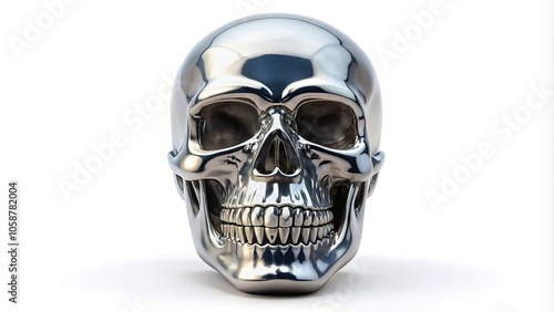Symmetrical chrome skull with toothy grin on white background