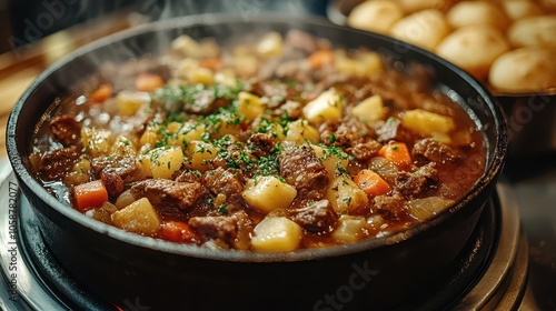 hearty beef stew simmering in a cast iron pot, steam rising to evoke warmth and comfort, highlighting the rich colors and textures of a comforting, homemade meal