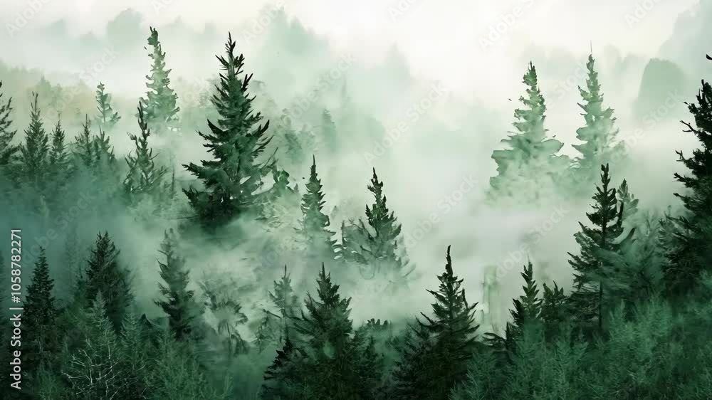 A dense forest shrouded in mist, with tall pine trees reaching towards the sky A dense forest shrouded in mist, with tall pine trees reaching towards the sky