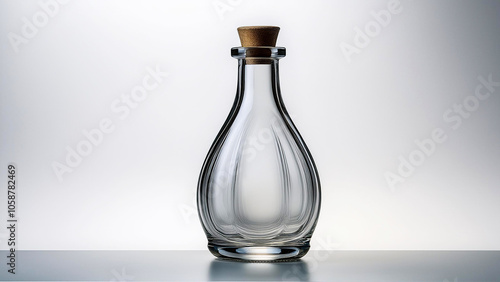 Transparent Round Glass Bottle Isolated on White Background.