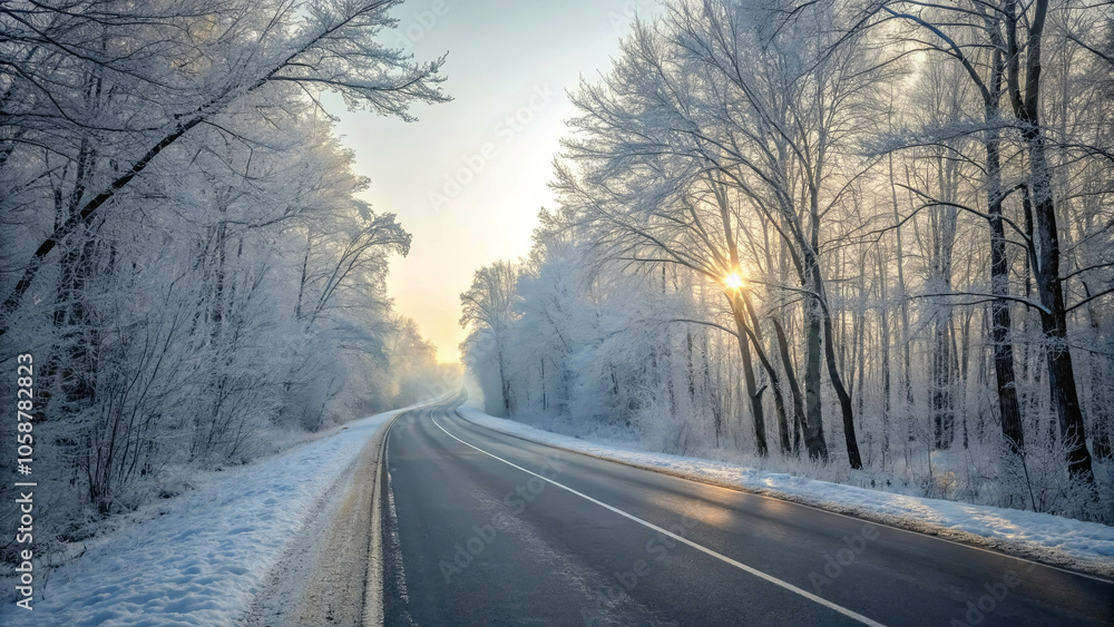 A winding asphalt road cuts through a snowy forest, with the sun peeking through the branches, casting a warm glow on the frozen landscape. A winding asphalt road cuts through a snowy forest, with the sun peeking through the branches, casting a warm glow on the frozen landscape.
