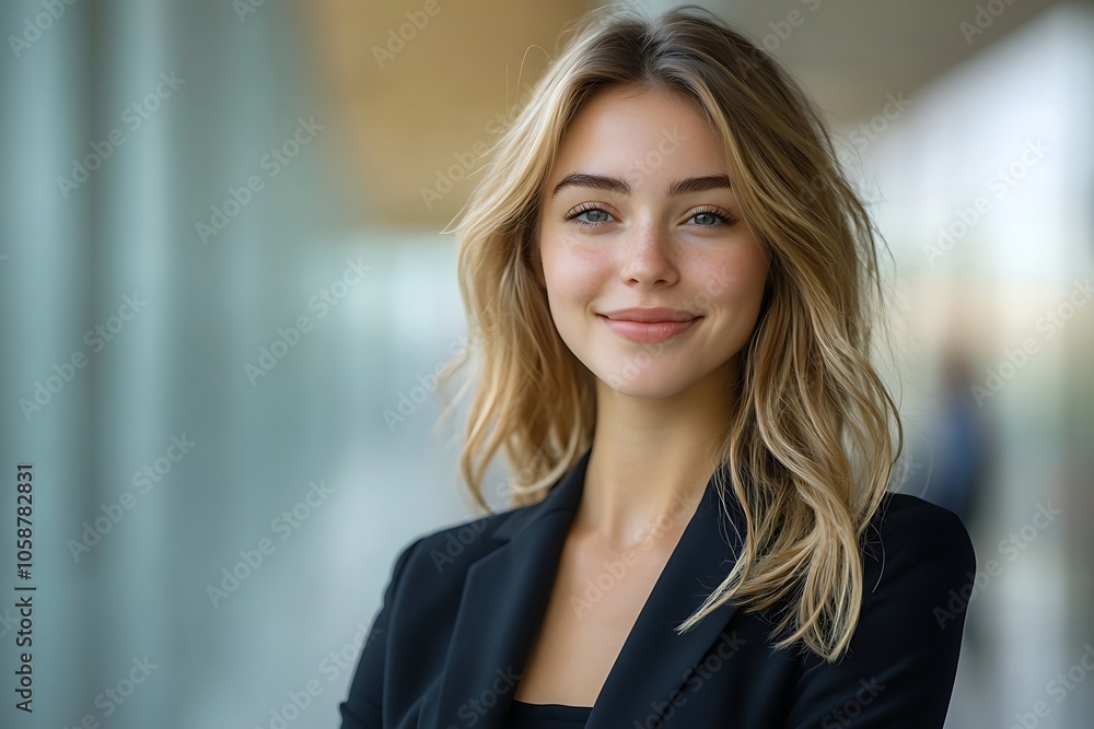 Natural Beauty Businesswoman Portrait - Office Background, Freckles, Candid Smile Natural Beauty Businesswoman Portrait - Office Background, Freckles, Candid Smile