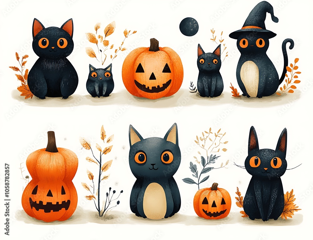Group of Black Cats Among Pumpkins Group of Black Cats Among Pumpkins