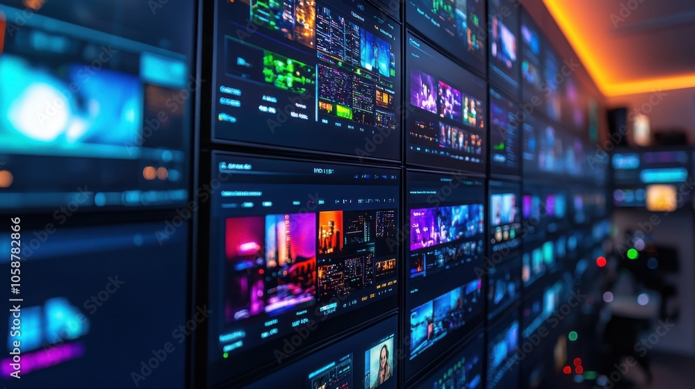 Fototapeta premium A vibrant multimedia wall showcasing various TV channels in a modern display area