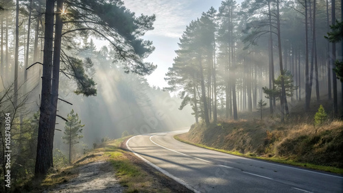 A winding road through a misty forest, bathed in the golden rays of the rising sun