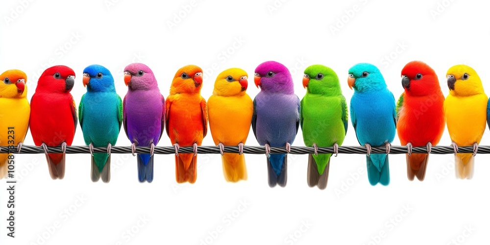 Row of colorful birds sitting on a wire. The birds are of different colors, including red, yellow, blue, and green. Concept of diversity and harmony Row of colorful birds sitting on a wire. The birds are of different colors, including red, yellow, blue, and green. Concept of diversity and harmony