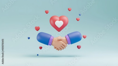 Two 3D Cartoon Hands Shaking with Hearts Surrounding Them