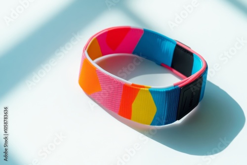 A vibrant and colorful wristband rests against a bright background. This unique accessory features a blend of bold hues. Engage with your style with this playful piece. Generative AI photo