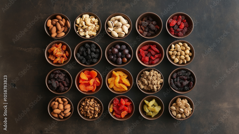 Fototapeta premium Overhead Shot of Assorted Dried Fruits and Nuts, Carefully Arranged in Small Bowls for a Healthy Snack Display