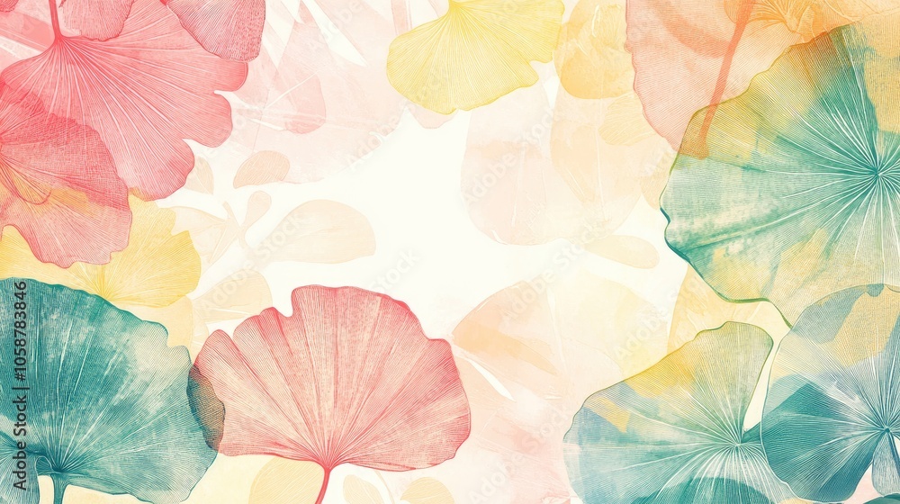 Vibrant tropical line artwork featuring foliage patterns lotus flowers and ginkgo leaves Watercolor sun circles perfect for banners prints posters and home decor Vibrant tropical line artwork featuring foliage patterns lotus flowers and ginkgo leaves Watercolor sun circles perfect for banners prints posters and home decor