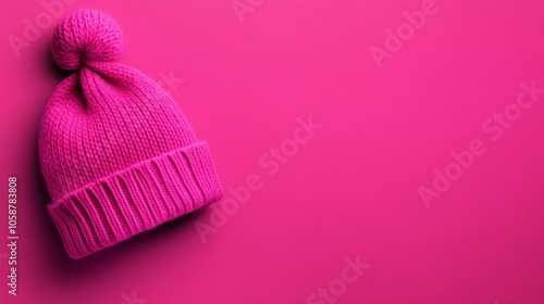 Pink knit hat is sitting on a pink background. hat is main focus of the image, it is a cozy and warm accessory. pink background adds a touch of color, creates a visually appealing contrast with hat