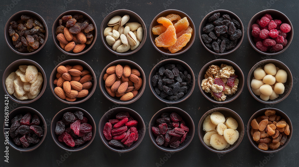 Overhead Shot of Assorted Dried Fruits and Nuts, Carefully Arranged in Small Bowls for a Healthy Snack Display Overhead Shot of Assorted Dried Fruits and Nuts, Carefully Arranged in Small Bowls for a Healthy Snack Display