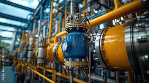 A close-up of industrial piping and valves in a factory setting. The pipes are yellow and blue, and the valves are silver.