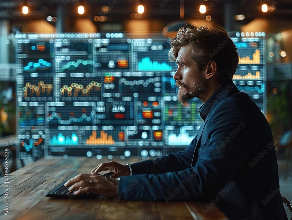 A man analyzing data on a laptop in front of digital financial charts. A man analyzing data on a laptop in front of digital financial charts.