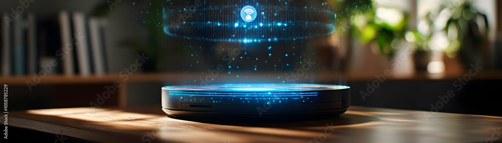Fototapeta premium Close Up Virtual Assistant Hologram Macro Image Home Desk Static Camera Emphasizes Clarity Detail Advanced Technology Happiness Futuristic Work From Home Environment Photo Stock Concept