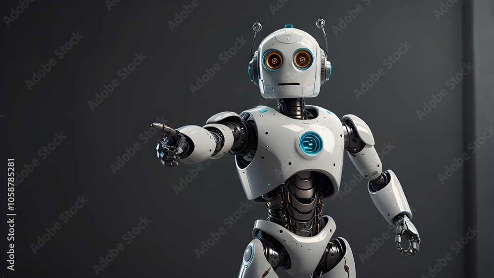Positive cute robot pointing at a space. Copy space, Positive cute robot pointing at a space. Copy space,