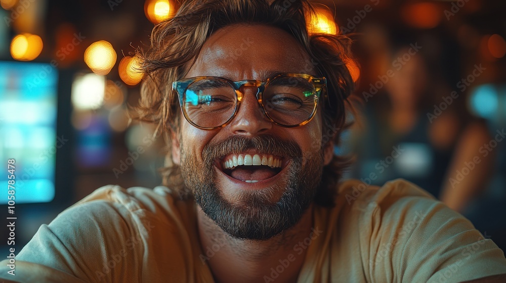 A young man with a beard and glasses smiles happily while looking at the camera. A young man with a beard and glasses smiles happily while looking at the camera.