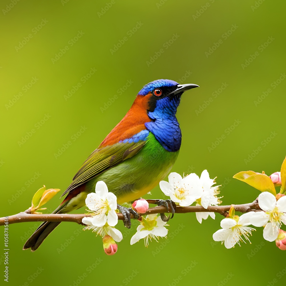 Obraz premium Vibrant bird perched on a flowering branch in soft focus