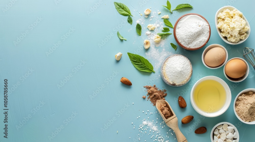 Preparing Ingredients for Baking on a Blue Background Preparing Ingredients for Baking on a Blue Background