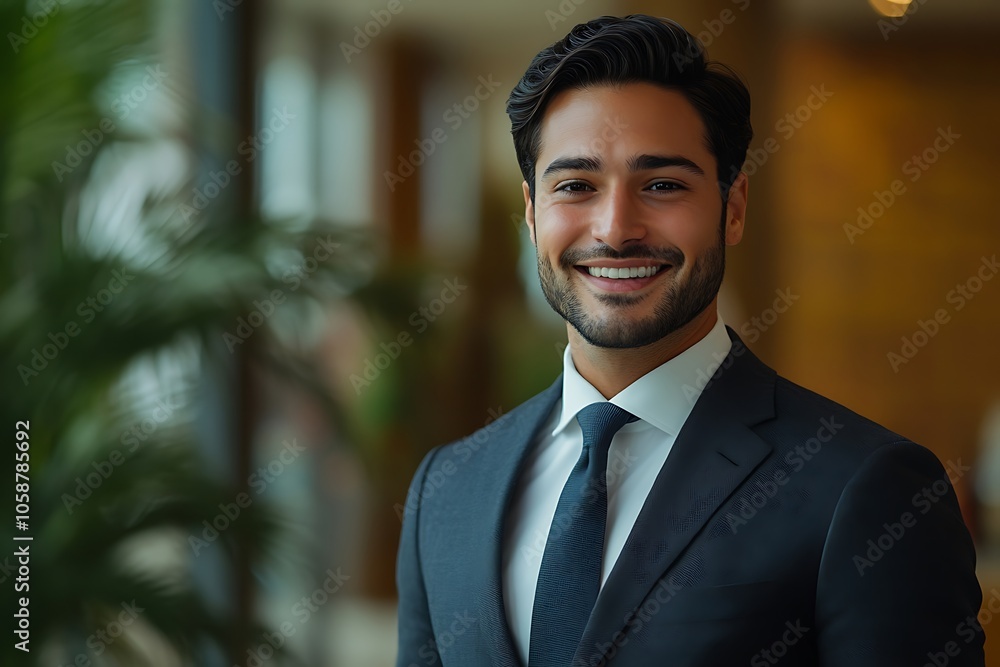 Smiling Ambitious Businessman Headshot in Office Setting