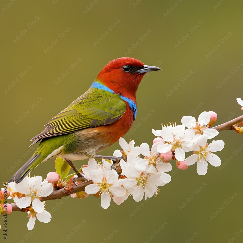 Fototapeta premium Vibrant bird perched on a flowering branch in soft focus