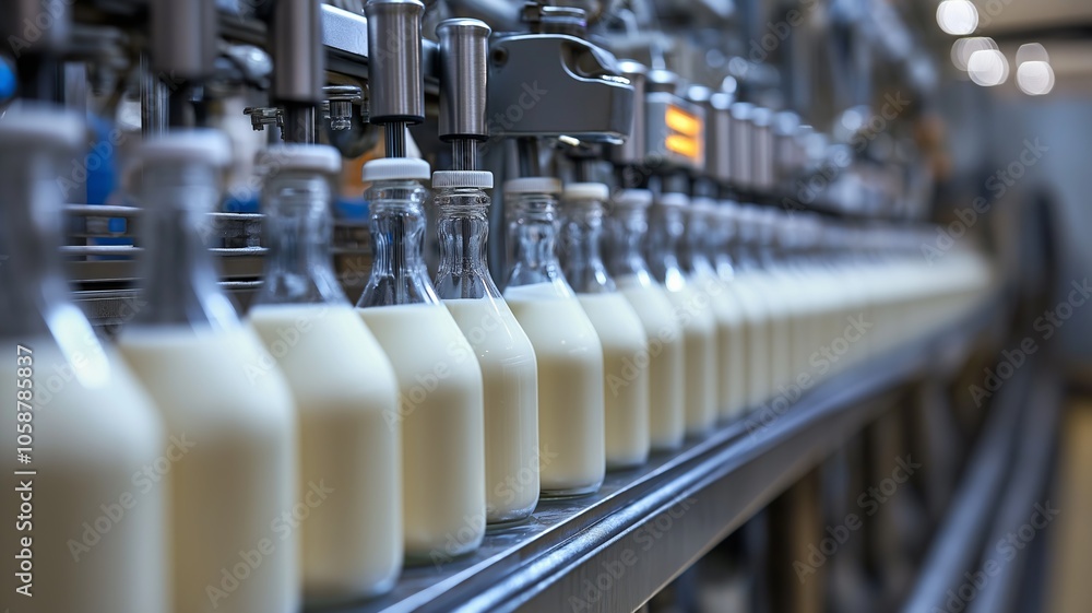Milk bottles on a factory production line Milk bottles on a factory production line