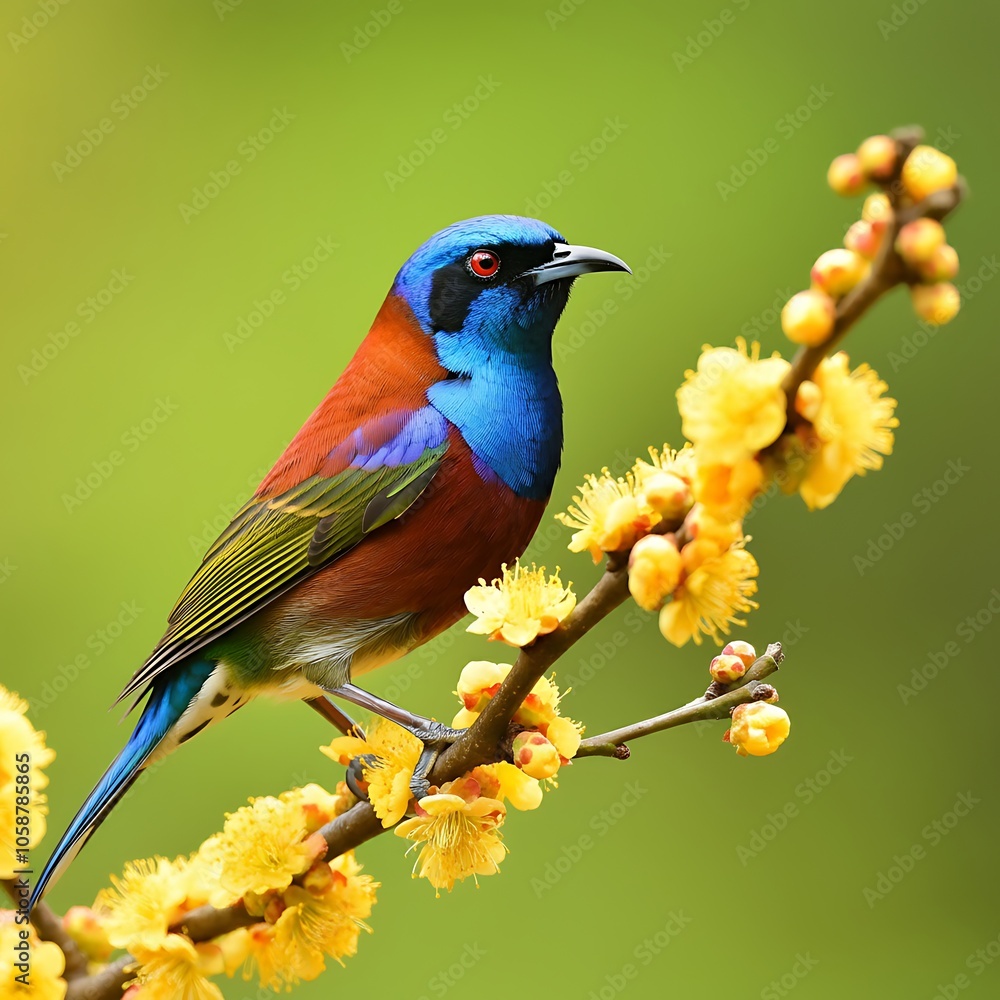 Obraz premium Vibrant bird perched on a flowering branch in soft focus