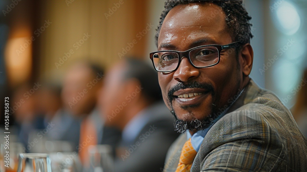 A man in a suit smiling at a conference table with blurred attendees in the background. A man in a suit smiling at a conference table with blurred attendees in the background.