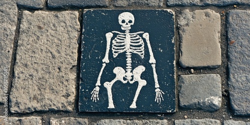 Traffic Sign Formed Using Paving Blocks Features a Skeleton Design. This unique sign is crafted entirely from paving blocks, presenting a skeletal theme. photo